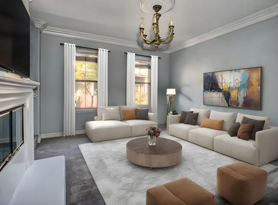 Chandelier, Fireplace, Interior, Living room