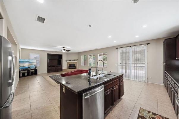 Fireplace, Interior, Kitchen, Recessed Lighting, Stainless Steel Appliances