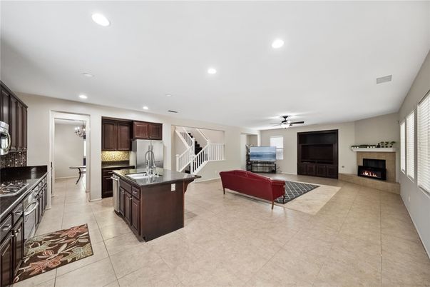 Fireplace, Interior, Kitchen, Living room, Recessed Lighting