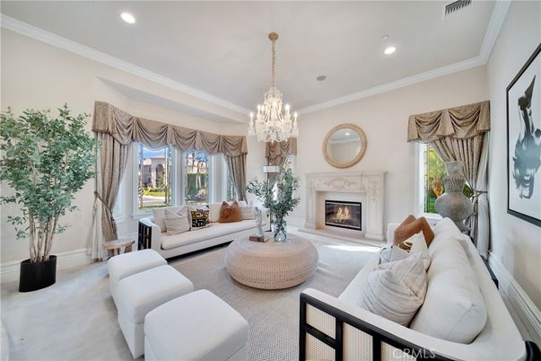 Chandelier, Fireplace, Interior, Living room, Recessed Lighting