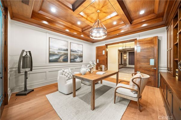 Home Office, Interior, Pendant Lights, Recessed Lighting, Wooden Beams, Wooden Ceilings, Wood Texture Flooring, Wooden Walls