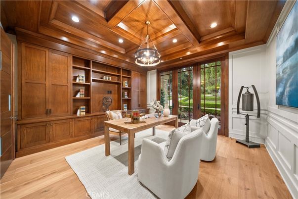 Home Office, Interior, Pendant Lights, Recessed Lighting, Wooden Beams, Wooden Ceilings, Wood Texture Flooring, Wooden Walls