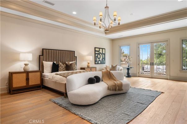 Bedroom, Chandelier, Interior, Recessed Lighting, Wood Texture Flooring