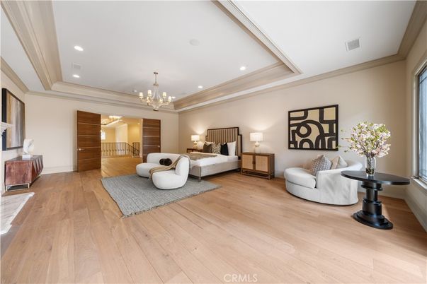 Bedroom, Chandelier, Interior, Recessed Lighting, Wood Texture Flooring
