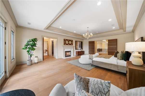Chandelier, Fireplace, Interior, Living room, Recessed Lighting, Wood Texture Flooring