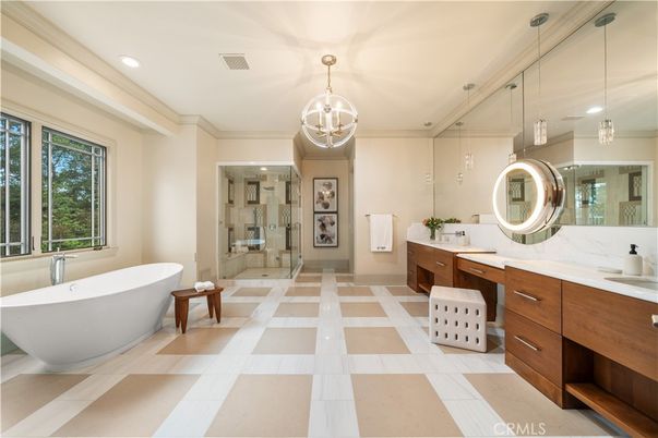 Bathroom, Dual Sink Vanities, Free Standing Baths, Glass Shower, Interior, Pendant Lights, Recessed Lighting