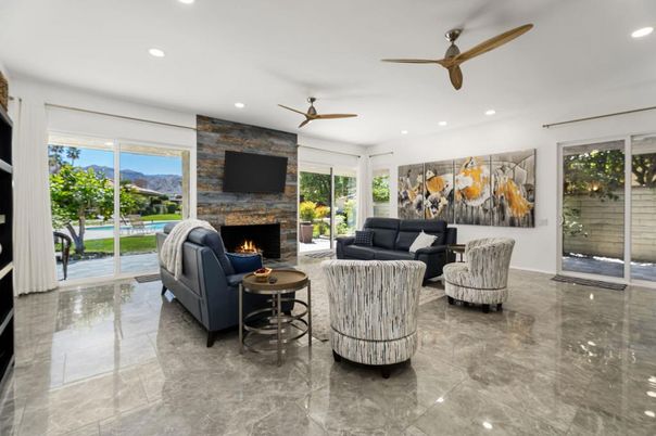 Fireplace, Interior, Living room, Recessed Lighting, Stone Walls