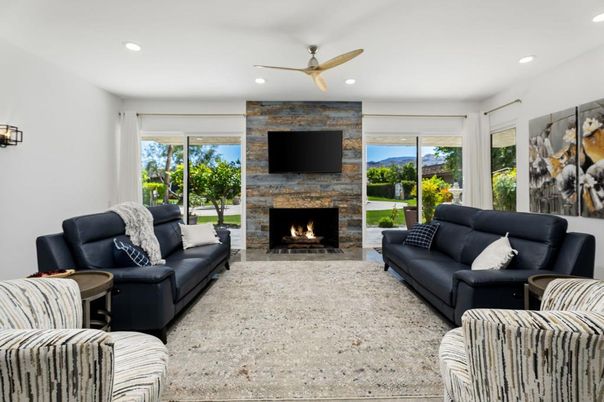 Fireplace, Interior, Living room, Recessed Lighting, Stone Walls