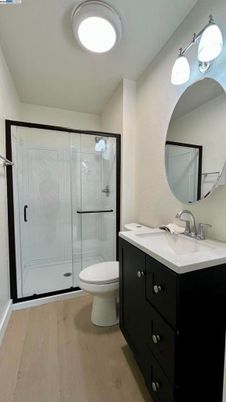 Bathroom, Glass Shower, Interior, Wood Texture Flooring