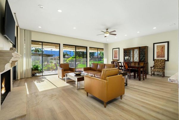 Dining room, Fireplace, Interior, Living room, Recessed Lighting, Wood Texture Flooring