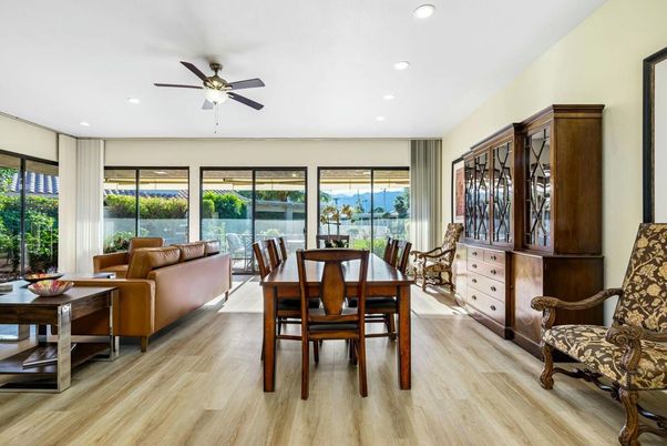 Dining room, Interior, Living room, Recessed Lighting, Water, Wood Texture Flooring