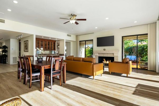 Dining room, Fireplace, Interior, Living room, Recessed Lighting, Wood Texture Flooring