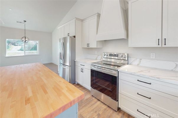 Interior, Kitchen, Pendant Lights, Stainless Steel Appliances, Wood Texture Flooring