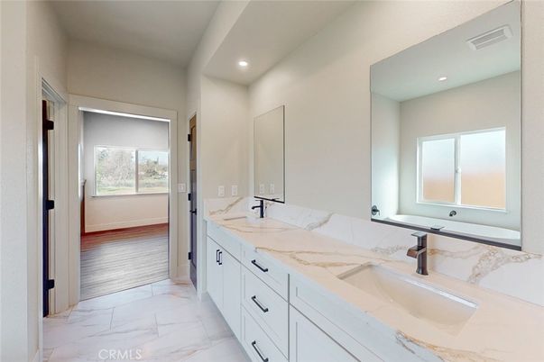 Bathroom, Dual Sink Vanities, Interior, Marble, Recessed Lighting