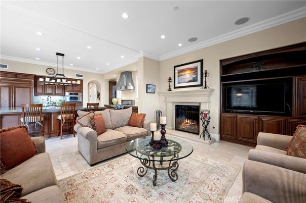 Dining room, Fireplace, Interior, Kitchen, Living room, Pendant Lights, Recessed Lighting