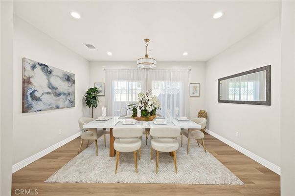 Dining room, Interior, Recessed Lighting, Wood Texture Flooring