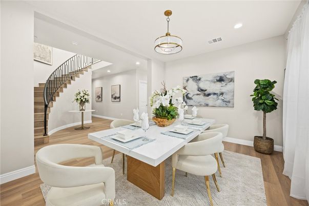Dining room, Interior, Pendant Lights, Recessed Lighting, Wood Texture Flooring