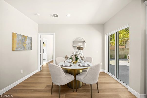 Dining room, Interior, Recessed Lighting, Wood Texture Flooring