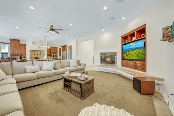 Chandelier, Dining room, Fireplace, Interior, Kitchen, Living room, Recessed Lighting