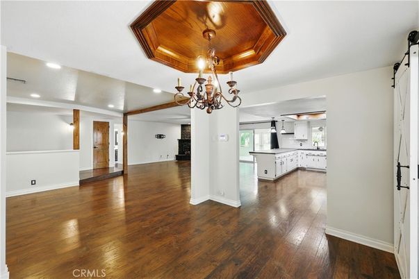 Chandelier, Interior, Kitchen, Recessed Lighting, Wood Texture Flooring