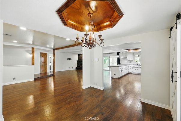 Chandelier, Empty room, Interior, Kitchen, Recessed Lighting, Wood Texture Flooring