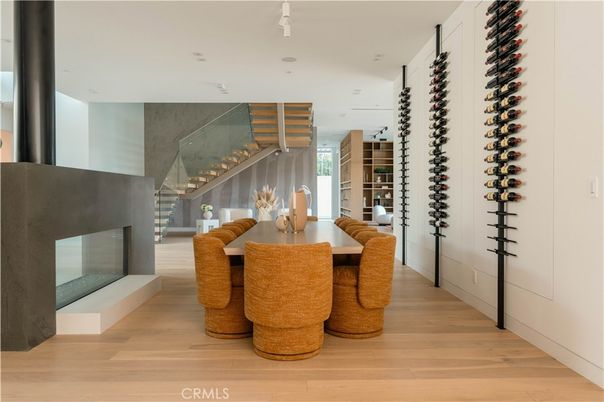 Dining room, Fireplace, Interior, Recessed Lighting, Wine Storage, Wood Texture Flooring
