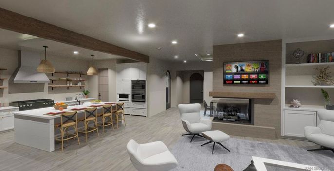 Fireplace, Interior, Kitchen, Pendant Lights, Recessed Lighting, Wood Texture Flooring