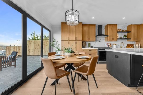 Chandelier, Dining room, Interior, Kitchen, Pendant Lights, Recessed Lighting, Wood Texture Flooring