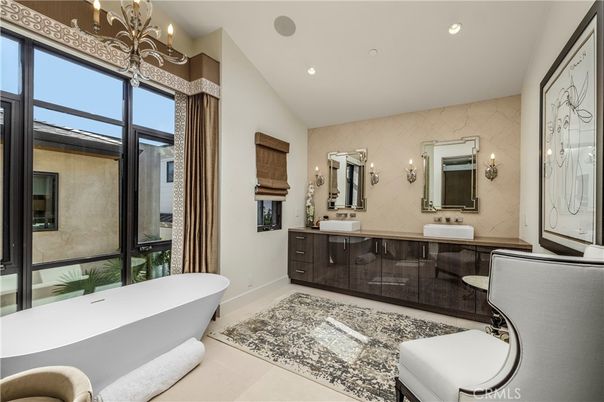 Bathroom, Chandelier, Dual Sink Vanities, Free Standing Baths, Interior, Recessed Lighting