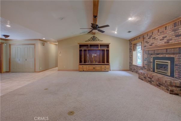 Empty room, Fireplace, Interior, Recessed Lighting, Stone Walls