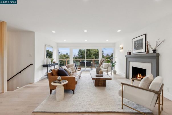 Fireplace, Interior, Living room, Recessed Lighting, Wood Texture Flooring