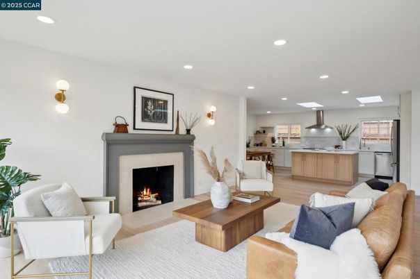 Fireplace, Interior, Kitchen, Living room, Recessed Lighting, Stainless Steel Appliances, Wood Texture Flooring
