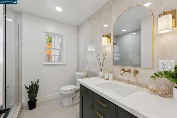 Bathroom, Glass Shower, Interior, Marble Walls, Recessed Lighting