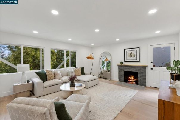 Fireplace, Interior, Living room, Recessed Lighting, Wood Texture Flooring