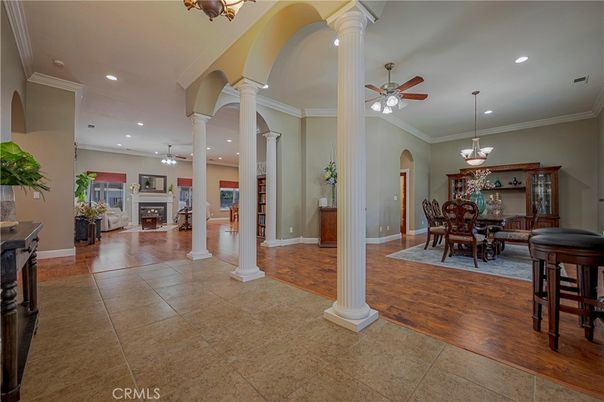 Chandelier, Dining room, Fireplace, Interior, Pendant Lights, Recessed Lighting, Wood Texture Flooring