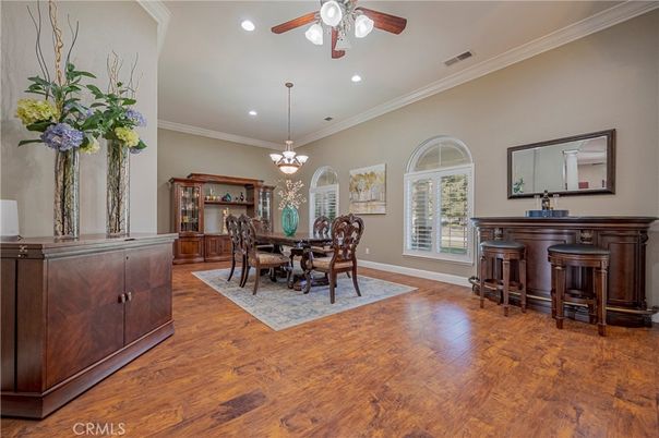 Chandelier, Dining room, Interior, Pendant Lights, Recessed Lighting, Wood Texture Flooring