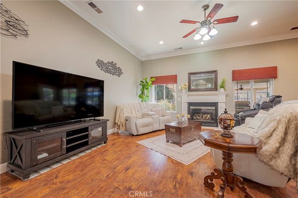 Fireplace, Interior, Living room, Recessed Lighting, Wood Texture Flooring