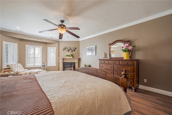 Bedroom, Fireplace, Interior, Recessed Lighting, Wood Texture Flooring