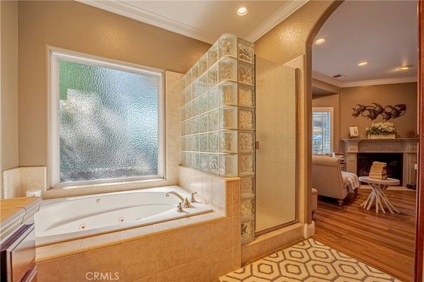 Bathroom, Fireplace, Interior, Recessed Lighting, Wood Texture Flooring