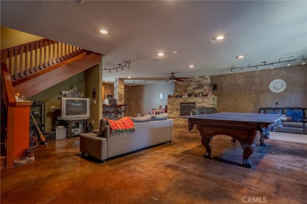 Billiard Table, Fireplace, Game Room, Interior, Living room, Recessed Lighting, Stone Walls