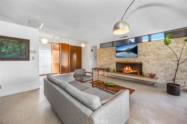 Fireplace, Interior, Living room, Pendant Lights, Stone Walls