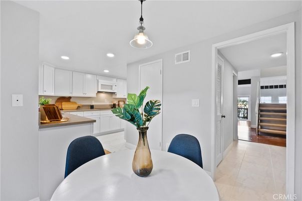 Dining room, Interior, Kitchen, Marble, Pendant Lights, Recessed Lighting, Wood Texture Flooring