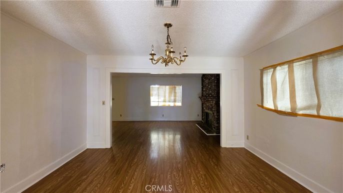 Chandelier, Empty room, Fireplace, Interior, Wood Texture Flooring