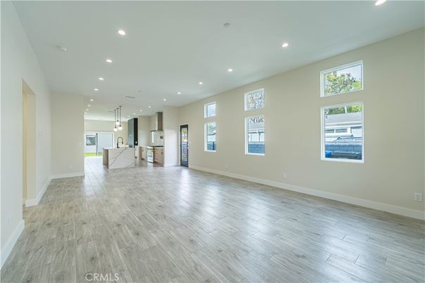 Empty room, Interior, Kitchen, Pendant Lights, Recessed Lighting, Wood Texture Flooring