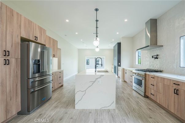 Interior, Kitchen, Pendant Lights, Recessed Lighting, Stainless Steel Appliances, Wood Texture Flooring