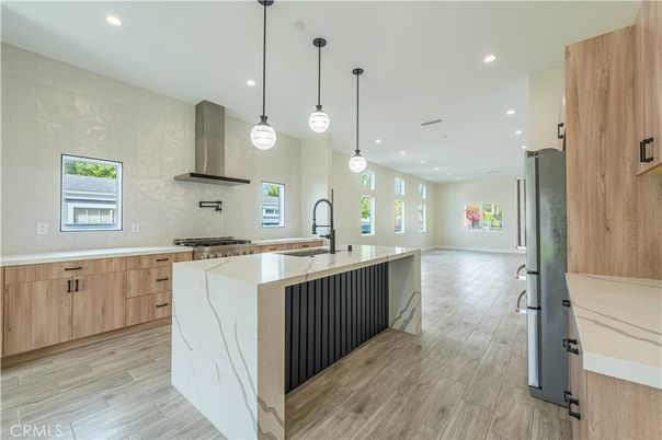 Interior, Kitchen, Pendant Lights, Recessed Lighting, Stainless Steel Appliances, Wood Texture Flooring