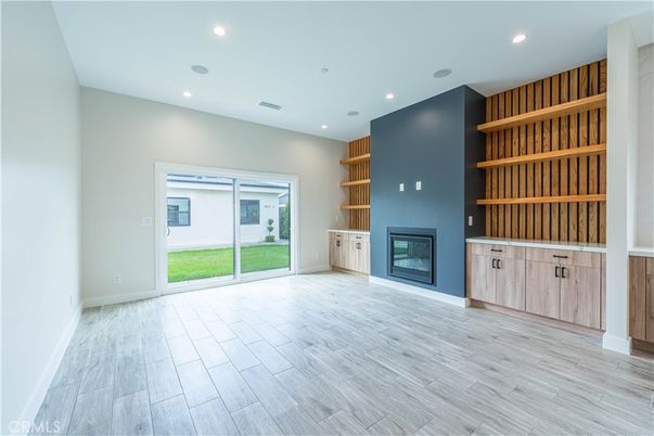 Empty room, Fireplace, Interior, Recessed Lighting, Wood Texture Flooring