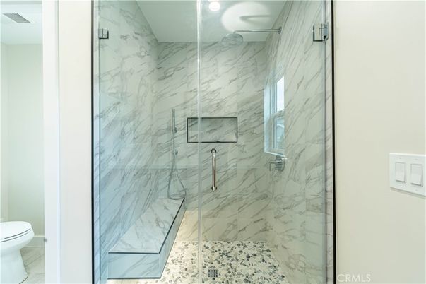 Bathroom, Glass Shower, Interior, Marble Walls, Recessed Lighting