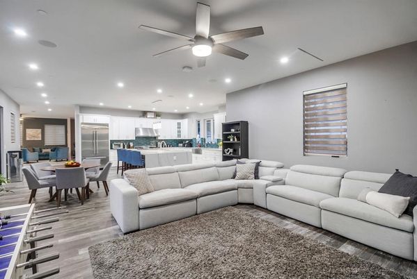 Dining room, Interior, Kitchen, Living room, Recessed Lighting, Stainless Steel Appliances, Wood Texture Flooring