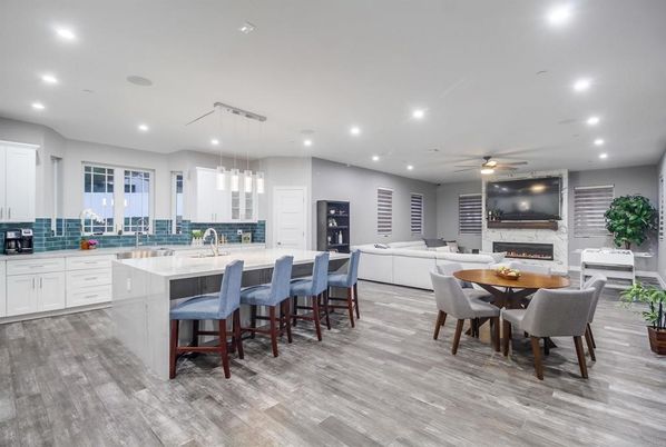 Dining room, Fireplace, Interior, Kitchen, Living room, Pendant Lights, Recessed Lighting, Wood Texture Flooring
